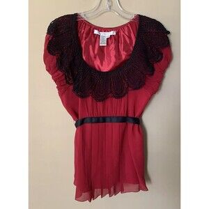 Studio M Women’s Blouse Top 100% Silk Large Red Black Sheer Lined Sleeveless B1
